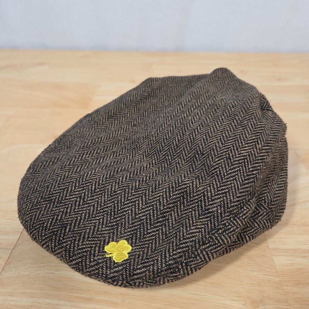 Ireland Man of Aran Newsboy Cap Yellow Shamrock Brown Tweed Wool Flat Cap Hat